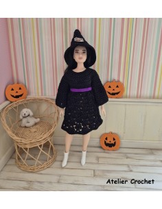 Robe à manches longues et chapeau de sorcière au crochet pour poupée Barbie Curvy