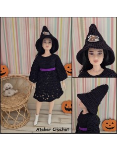 Robe à manches longues et chapeau de sorcière au crochet pour poupée Barbie Curvy 2