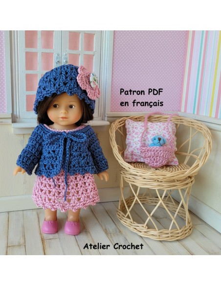 Robe, gilet, bonnet et sac patron PDF de crochet pour poupée Mini Corolline