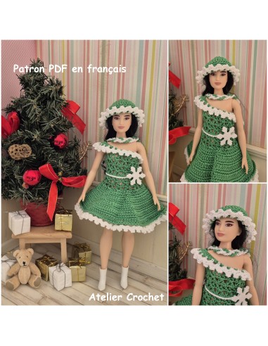 Robe de Noël, écharpe et bonnet patron PDF de crochet pour poupée Barbie Curvy