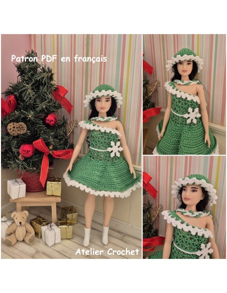 Robe de Noël, écharpe et bonnet patron PDF de crochet pour poupée Barbie Curvy