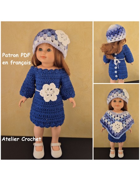 Robe, poncho et bonnet patron PDF de crochet pour poupée Marie Françoise