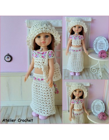 Jupe longue, top, sac et chapeau patron PDF de crochet pour poupée Paola Reina Las Amigas