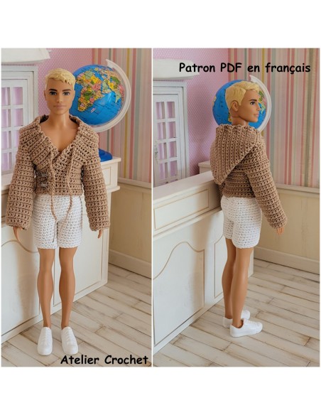 Short et veste à capuche patron PDF de crochet pour poupée Ken de Mattel