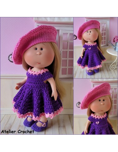 Robe, béret et chaussures patron PDF de crochet pour poupée Mia Nines d'Onil