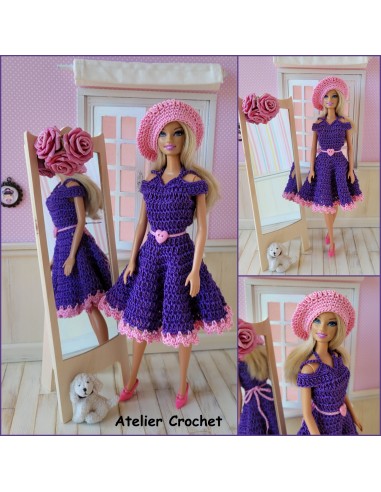 Robe, ceinture et béret patron PDF de crochet pour poupée Barbie