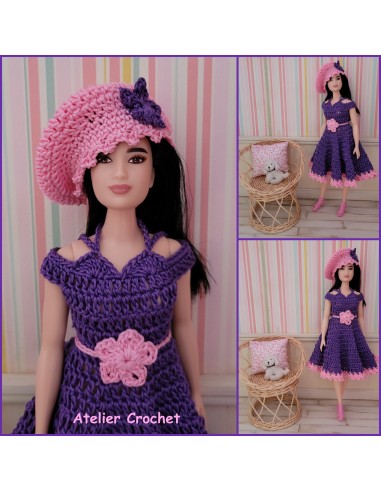 Robe, ceinture et béret patron PDF de crochet pour poupée Barbie Curvy