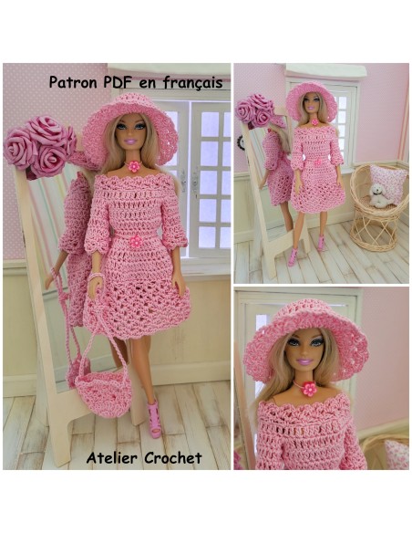 Robe, sac et chapeau patron PDF de crochet pour poupée Barbie