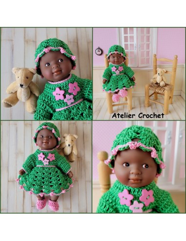 Robe, bonnet et chaussons patron PDF de crochet pour poupon mini calin de 20cm