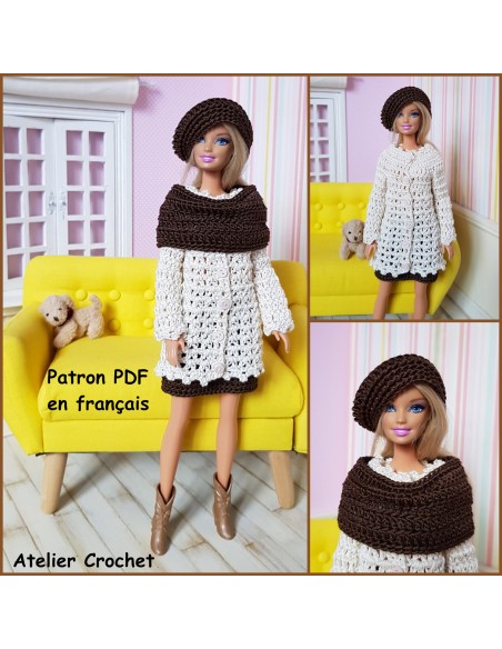 Jupe, manteau, béret et écharpe patron PDF de crochet pour poupée Barbie