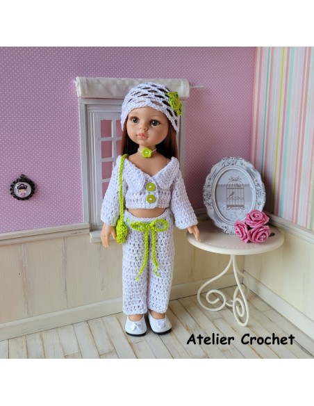 Ensemble veste, pantalon, chapeau et sac au crochet pour poupée Paola Reina Las Amigas