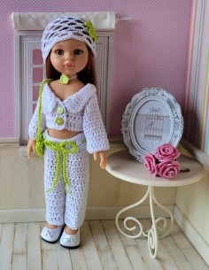 Ensemble veste, pantalon, chapeau et sac au crochet pour poupée Paola Reina Las Amigas 2