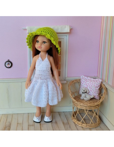 Ensemble robe, boléro et chapeau au crochet pour poupée Paola Reina Las Amigas