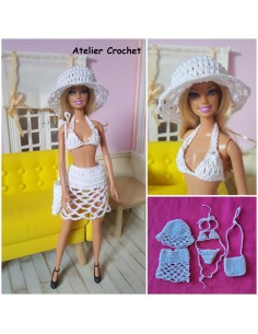 Bikini, jupe, chapeau et sac au crochet pour poupée Barbie