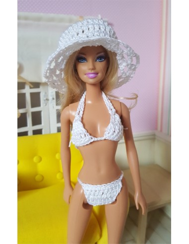 Bikini, jupe, chapeau et sac au crochet pour poupée Barbie