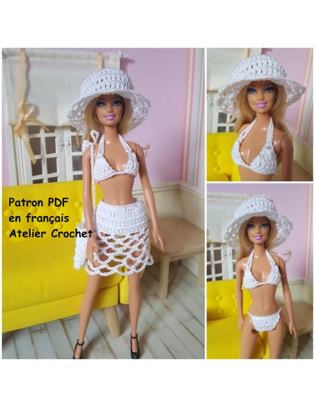 Bikini, jupe, sac et chapeau patron PDF de crochet pour poupée Barbie